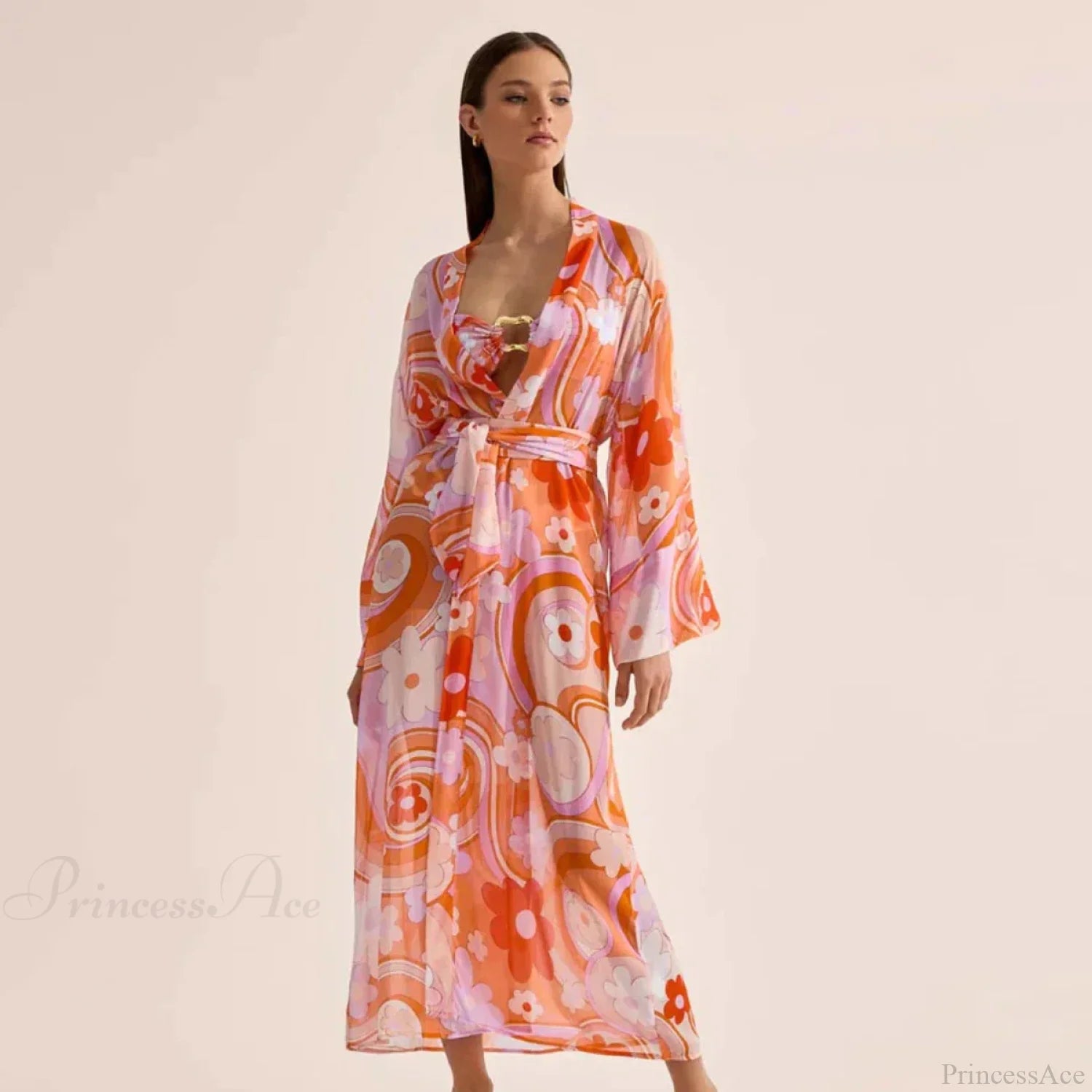 Print One-Piece Swimsuit Cover Up pink2 / S