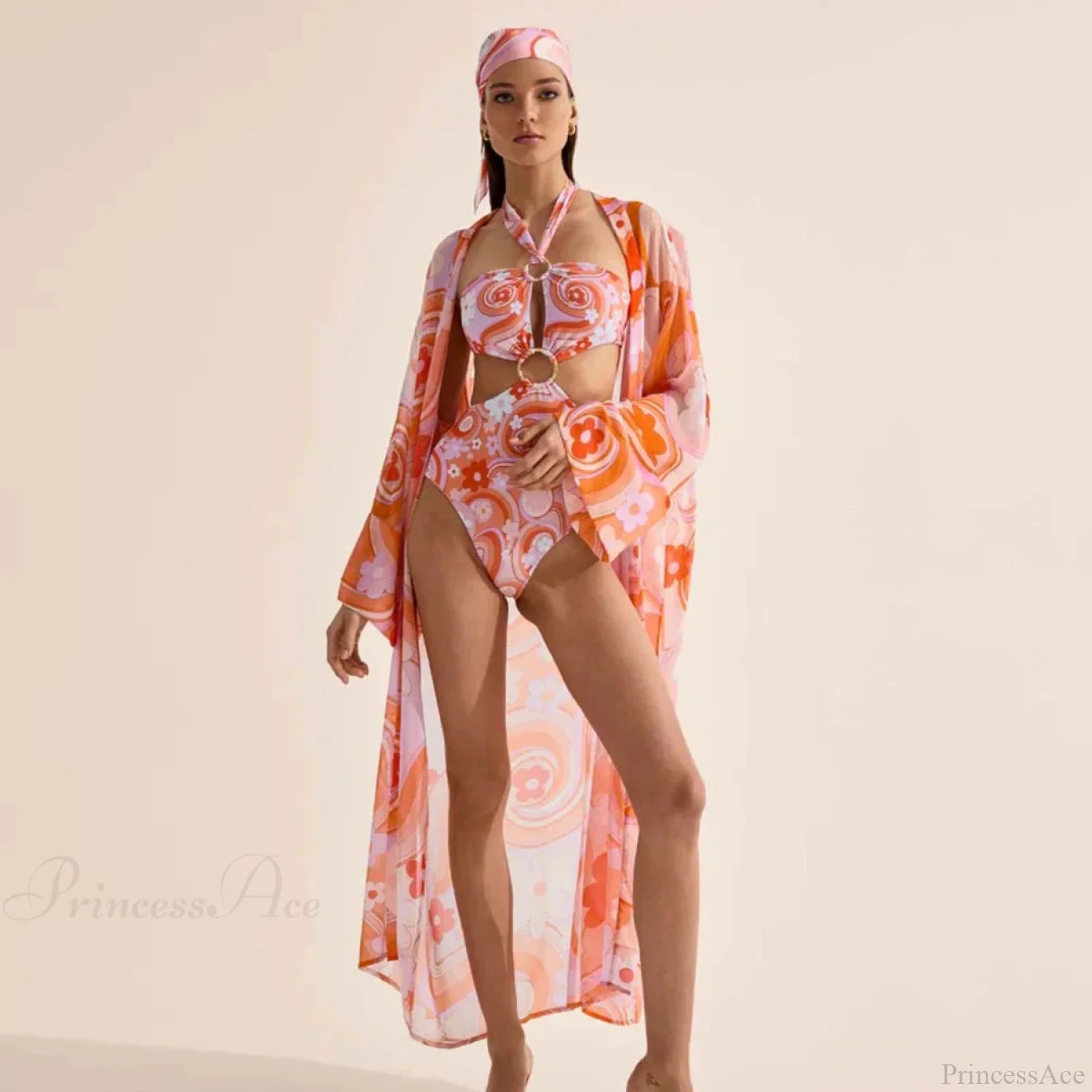 Print One-Piece Swimsuit Cover Up pink3 / S