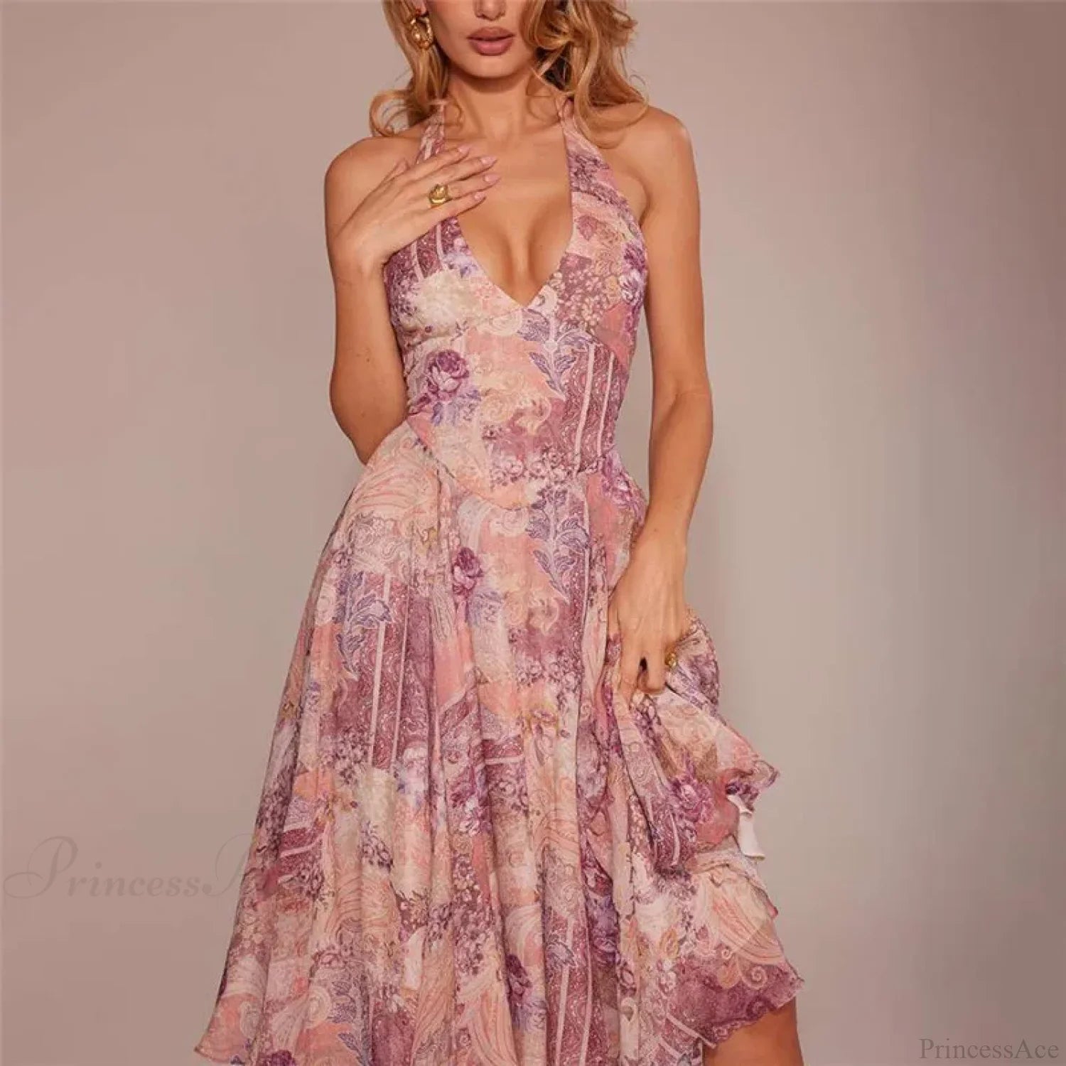 Print Pleated A-line Vacation Dress vacationdress-250223