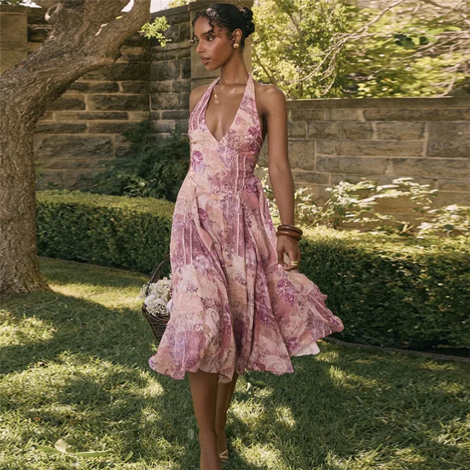 Print Pleated A-line Vacation Dress vacationdress-250223