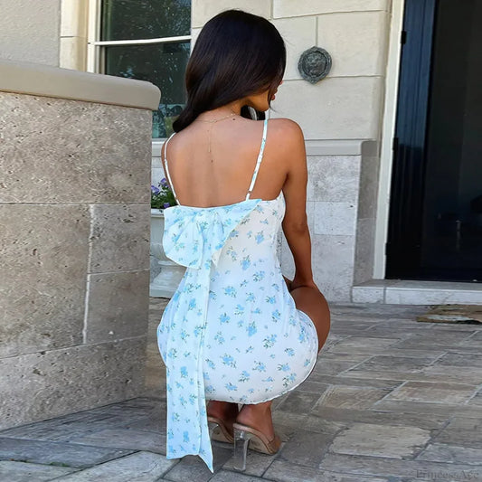 Print Slim Bow Backless Mini Vacation Dress vacationdress-250223