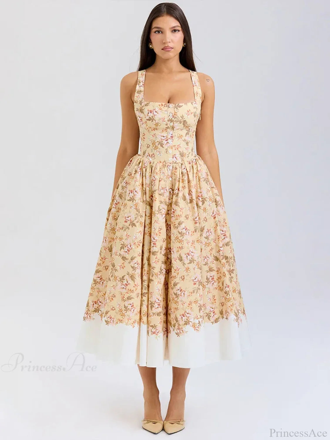 Print Waist Wrap A-line Vacation Dress Yellow / S vacationdress-250223