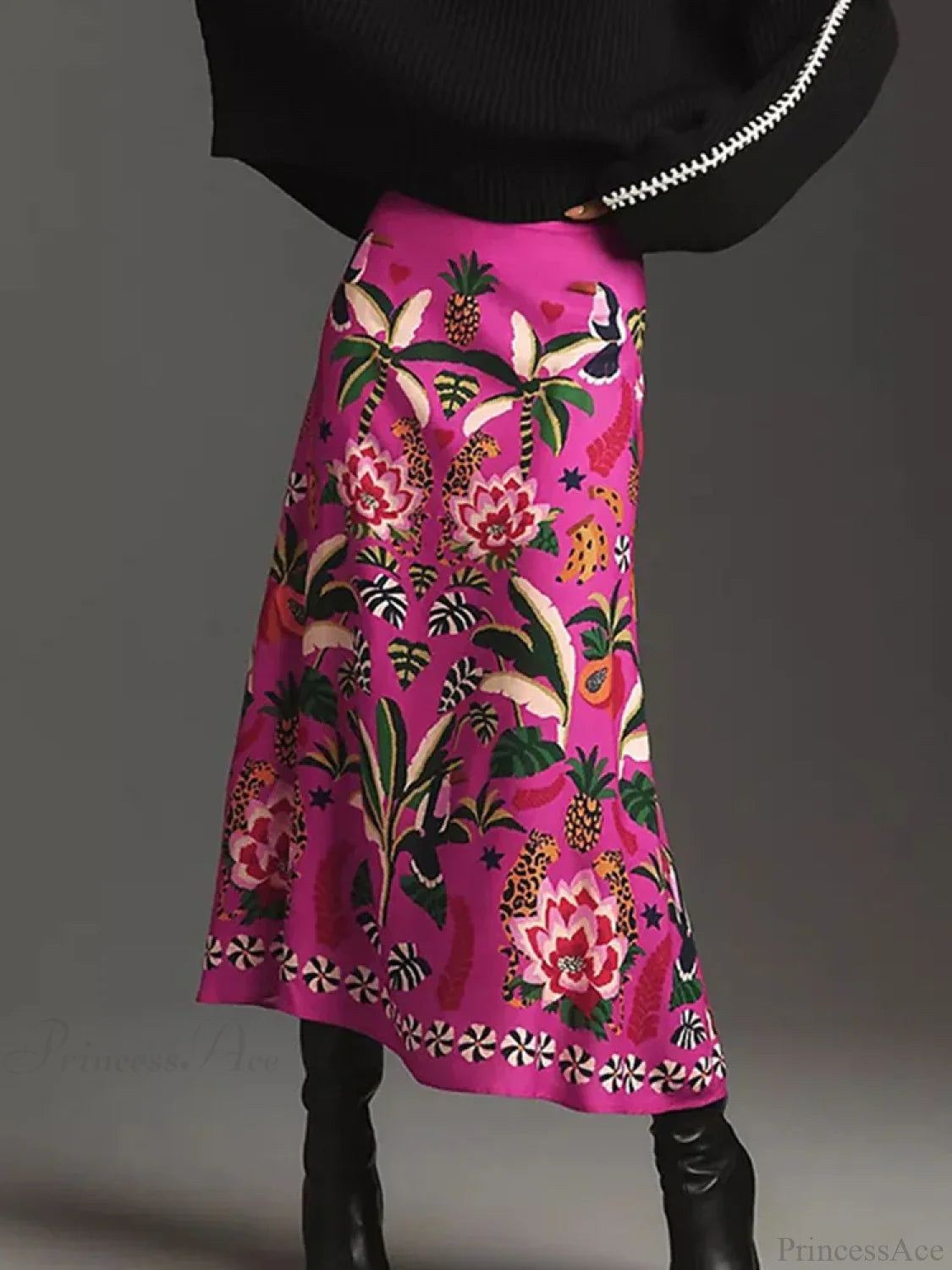 Printed A-Line Skirt Plants Flowers Zipper Spring Summer Fashion Skirt skirt-250126