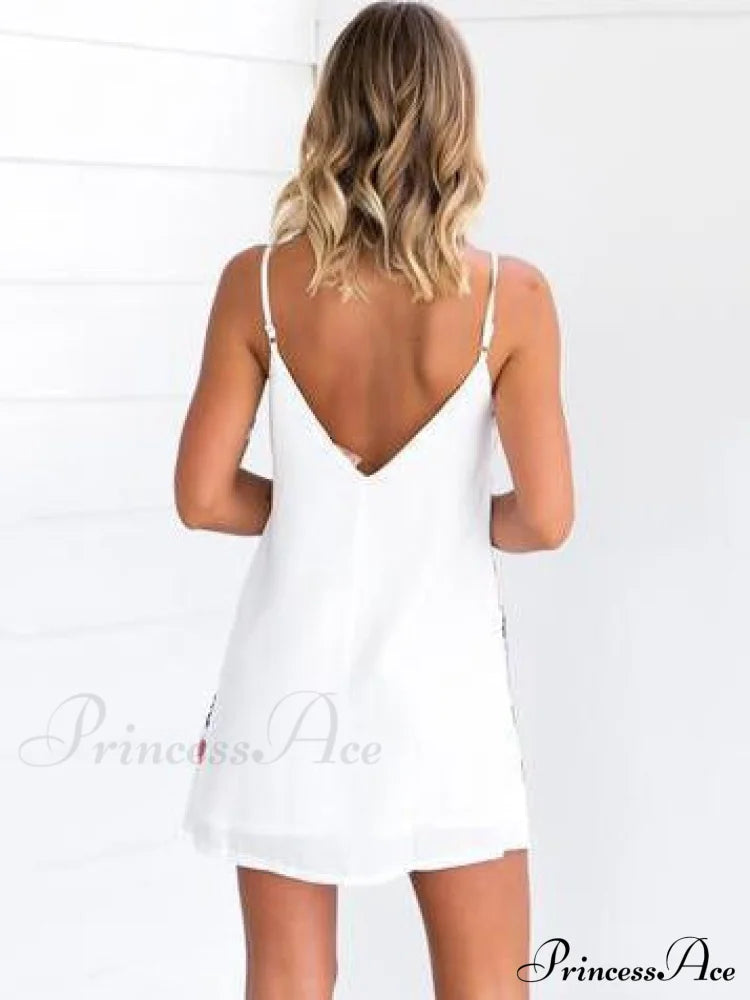 Printed Backless Mini Dress With Belt M / White Dresses