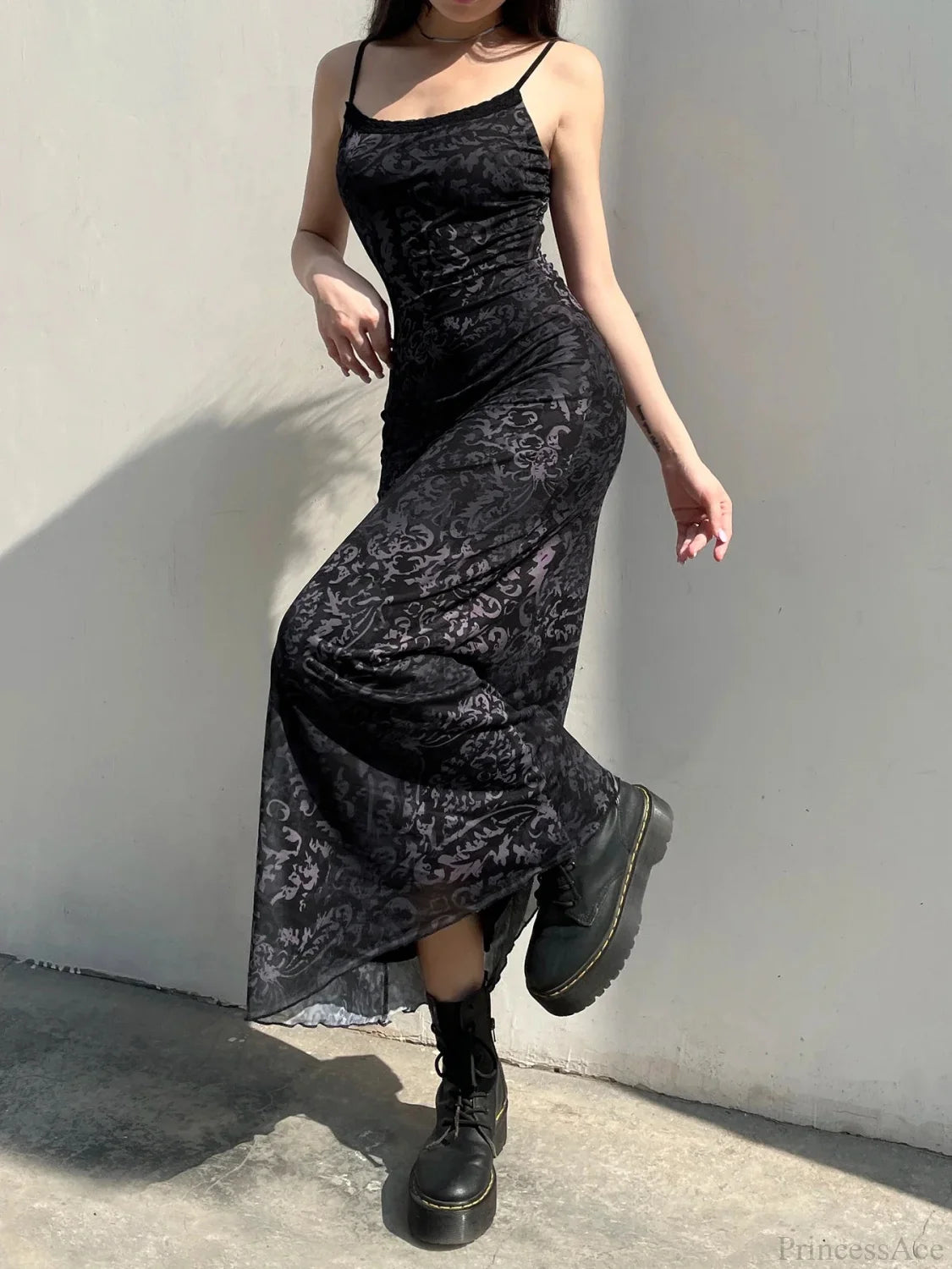 Printed Decorative Trim Mesh Full-Length Dress Black / S