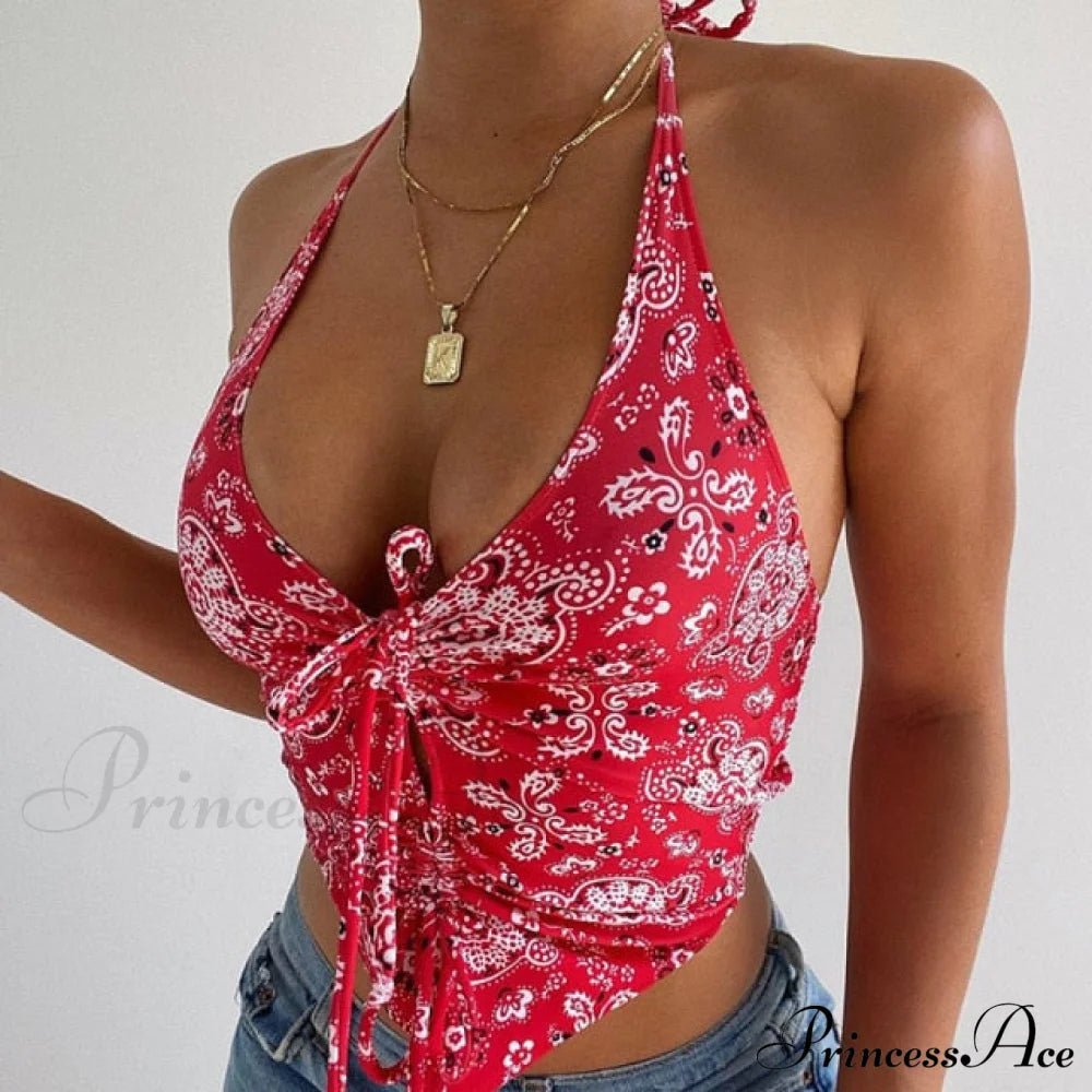 Printed Halter Drawstring Top Free From Label