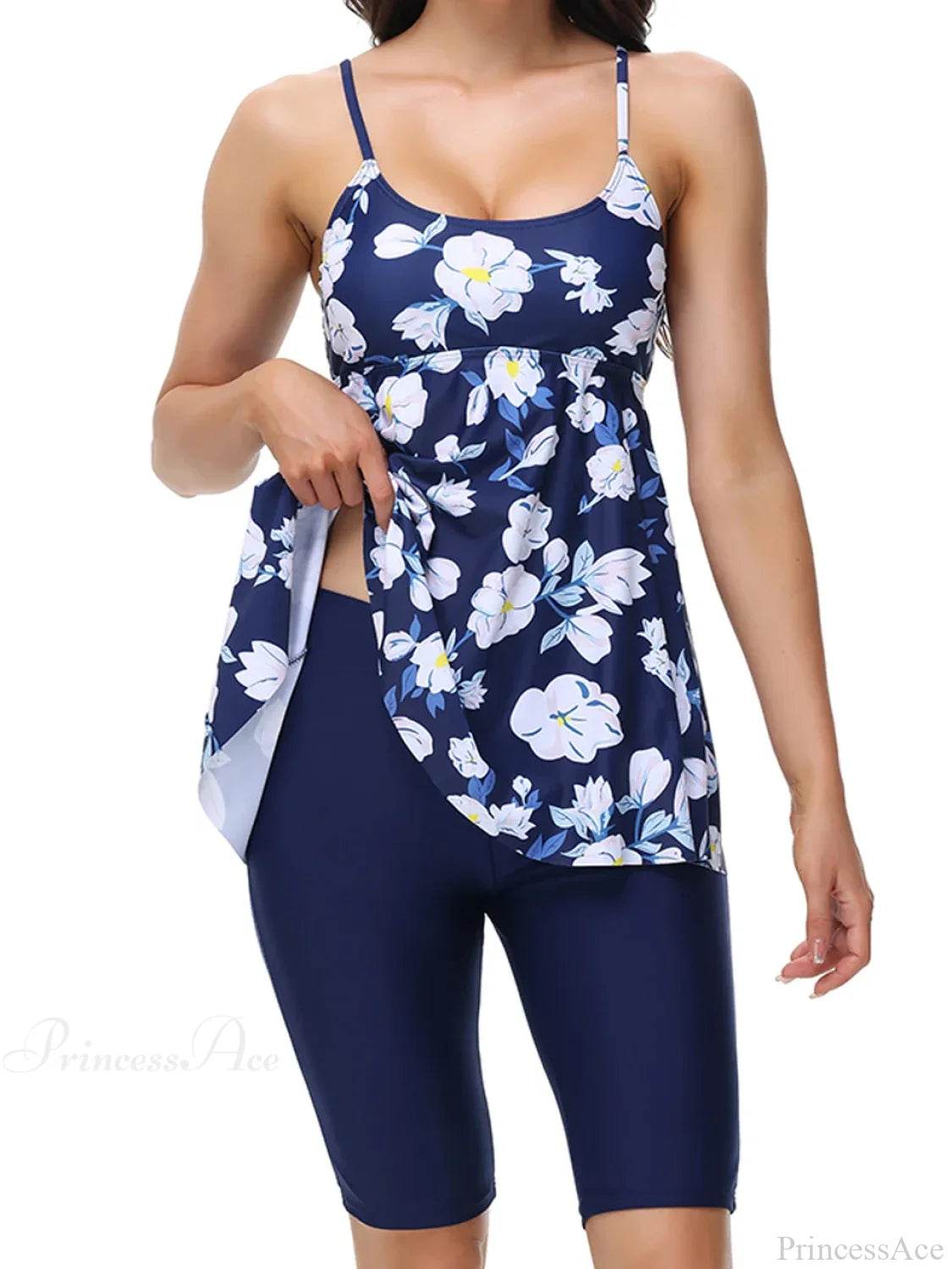 Printed Knee Shorts Tankini Two Piece Set Big Floral Blue / S