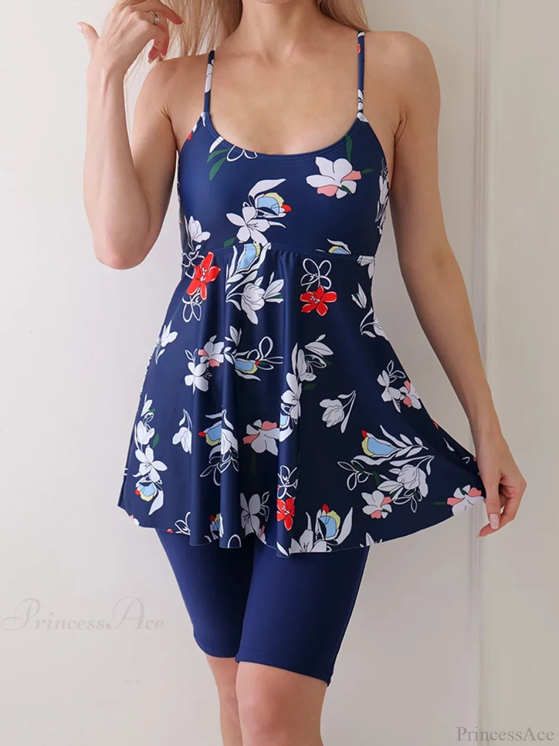 Printed Knee Shorts Tankini Two Piece Set Red Floral Blue / S