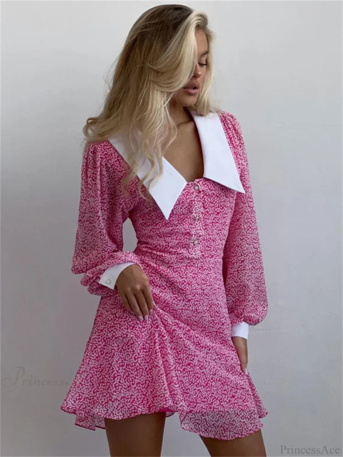 Printed Long Sleeve Mini Dress Pink / S minidress-250223