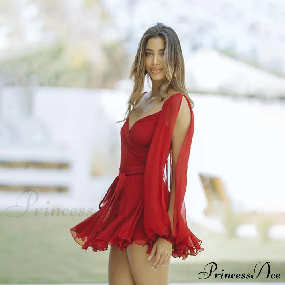 Printed Long Slit Charming Sleeve Mini Dress Mesh Short