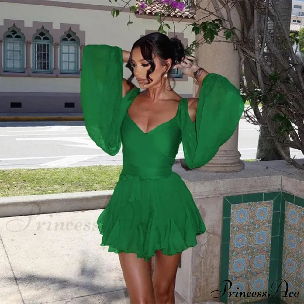 Printed Long Slit Charming Sleeve Mini Dress Mesh Short