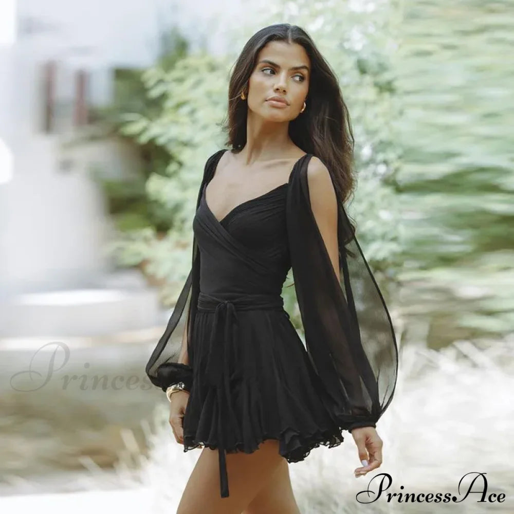 Printed Long Slit Charming Sleeve Mini Dress Mesh Short