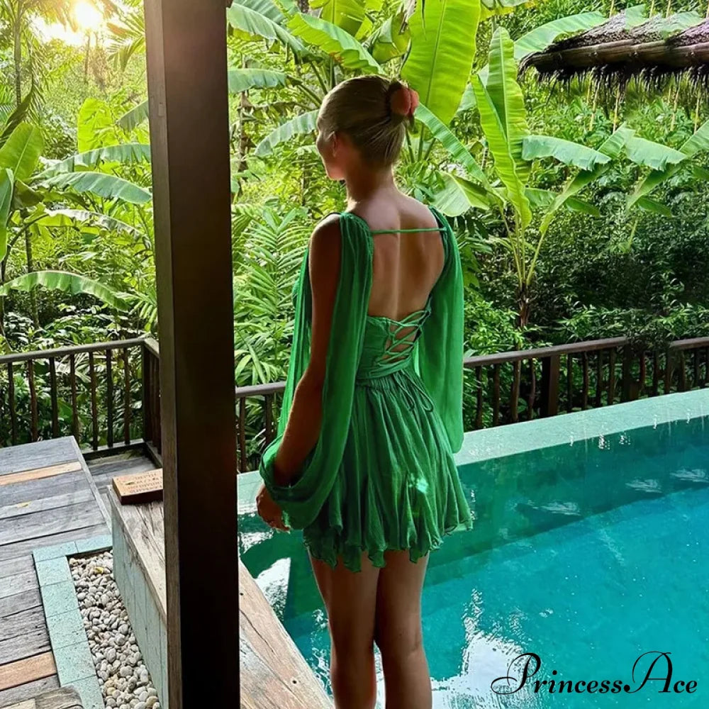 Printed Long Slit Charming Sleeve Mini Dress Mesh Short