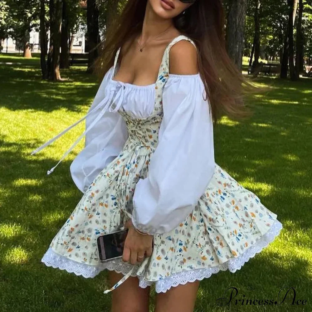 Printed Off-Shoulder Lantern Charming Sleeve Flare Mini Dress