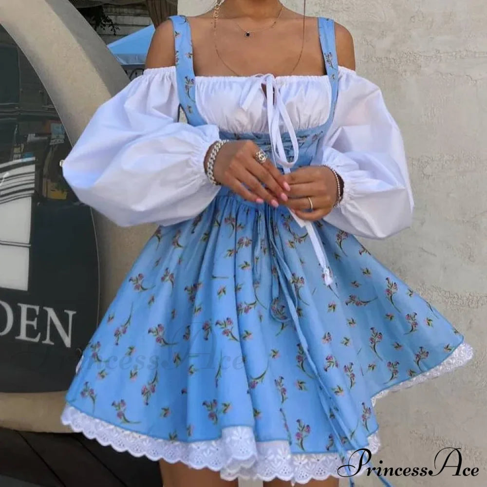 Printed Off-Shoulder Lantern Charming Sleeve Flare Mini Dress
