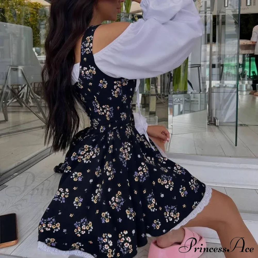Printed Off-Shoulder Lantern Charming Sleeve Flare Mini Dress