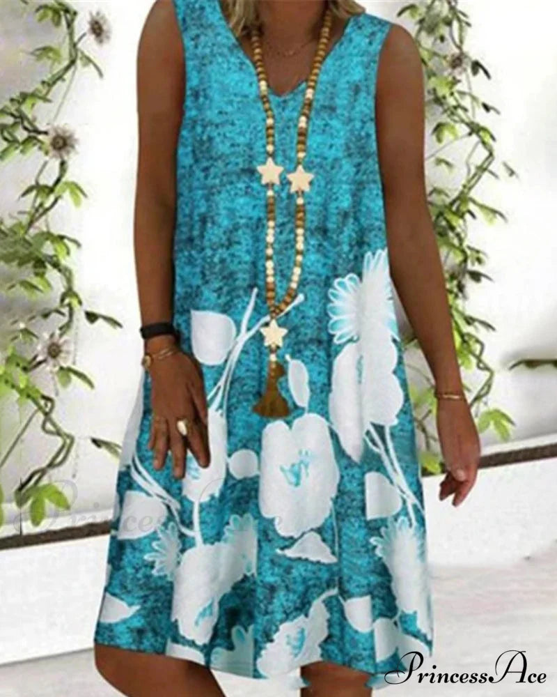 Sleeveless V-neck printed dress Blue 23BF Casual Dresses Clothes Dresses Spring Summer