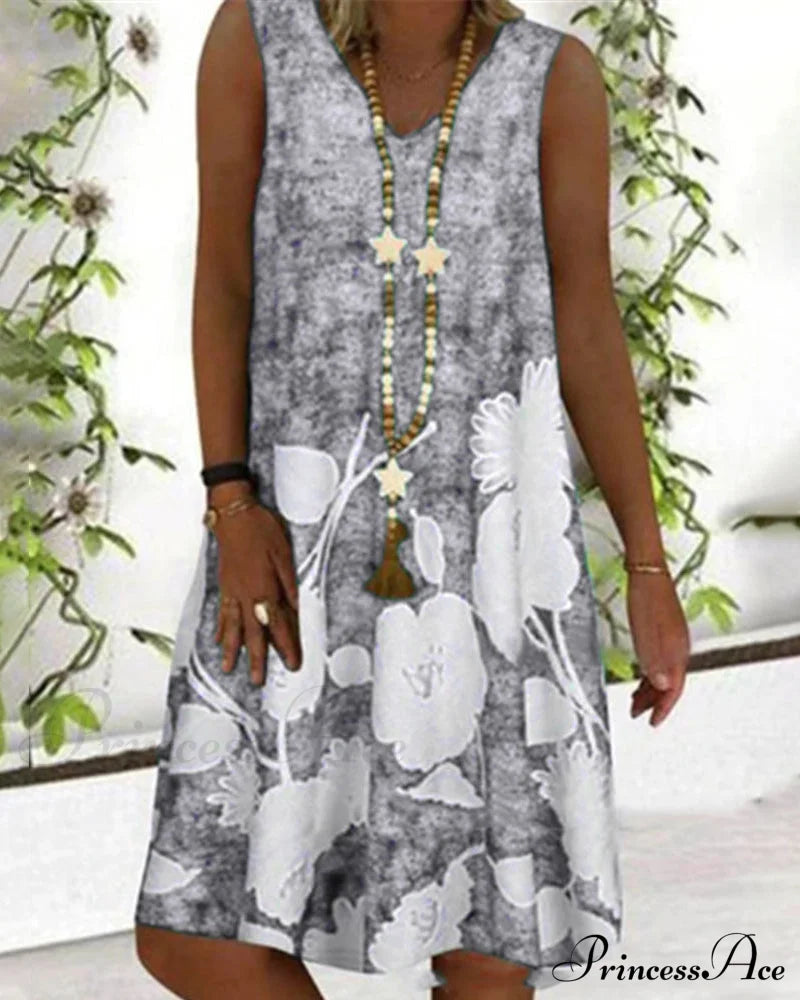 Sleeveless V-neck printed dress Gray 23BF Casual Dresses Clothes Dresses Spring Summer