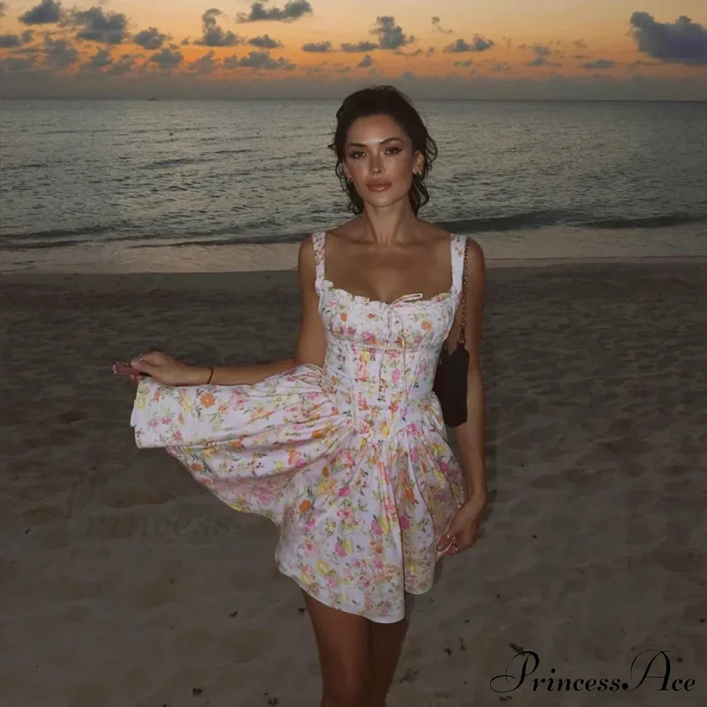 Printed Square Neck Charming Strap Corset Mini Dress Floral Print
