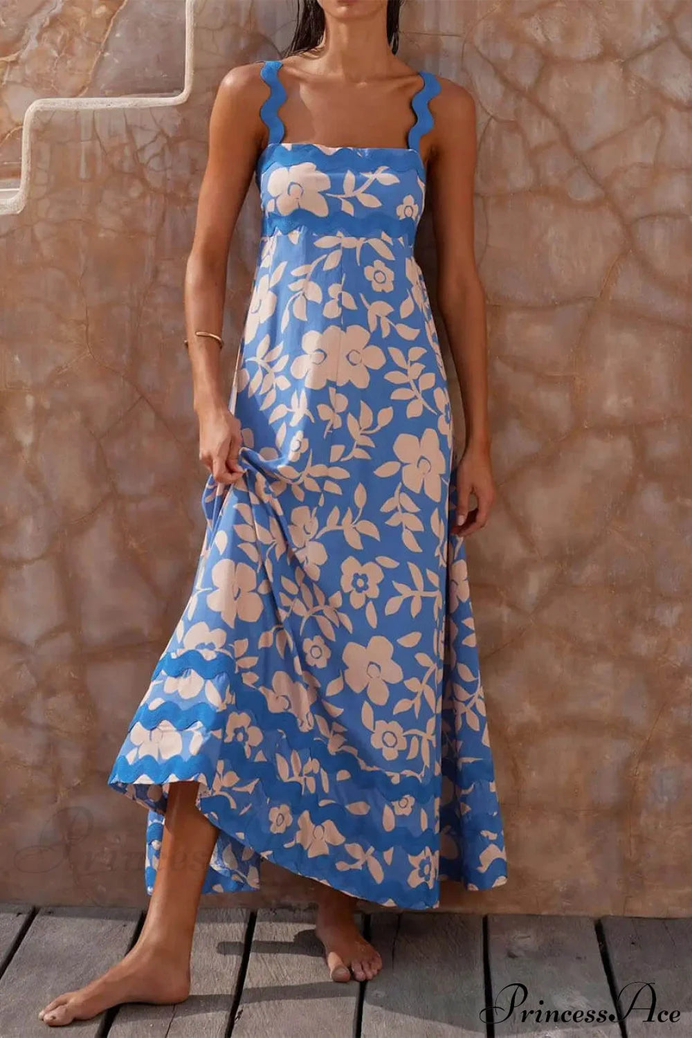 Printed Square Neck Charming Strap Maxi Dress Dresses