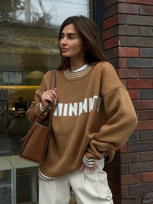 Printed Striped Cozy Stylish Loose Round Neck Comfortable Trendy Autumn Sweater Sweaters-L