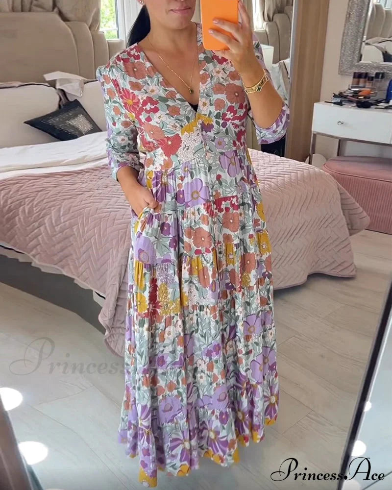 Printed V-Neck Dress In Pastoral Style Casual Dresses