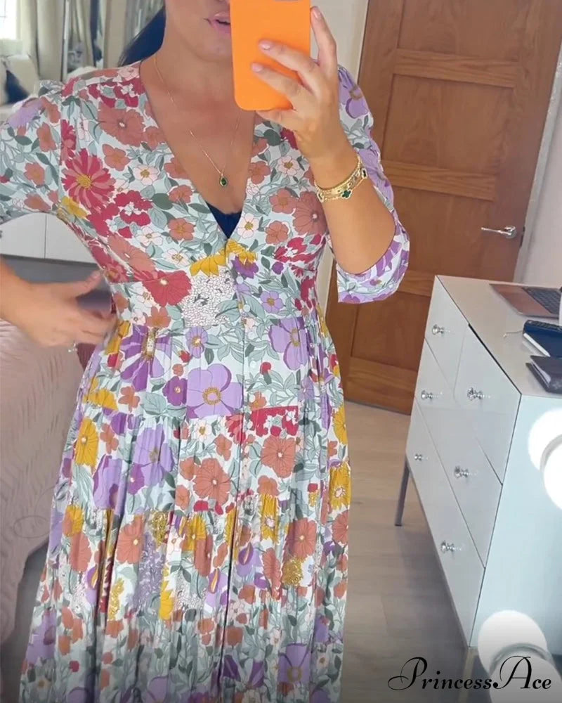Printed V-Neck Dress In Pastoral Style Casual Dresses