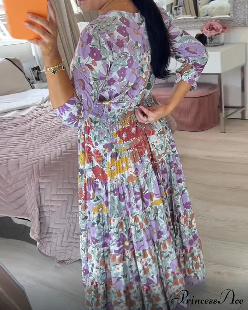 Printed V-Neck Dress In Pastoral Style Casual Dresses