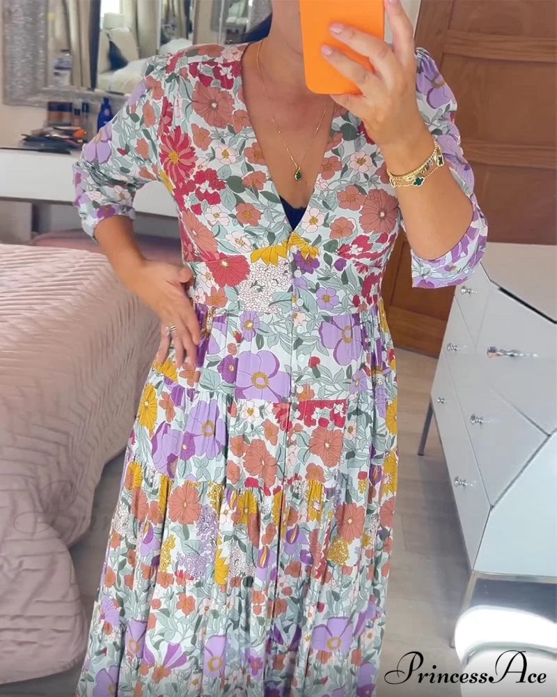 Printed V-Neck Dress In Pastoral Style Casual Dresses
