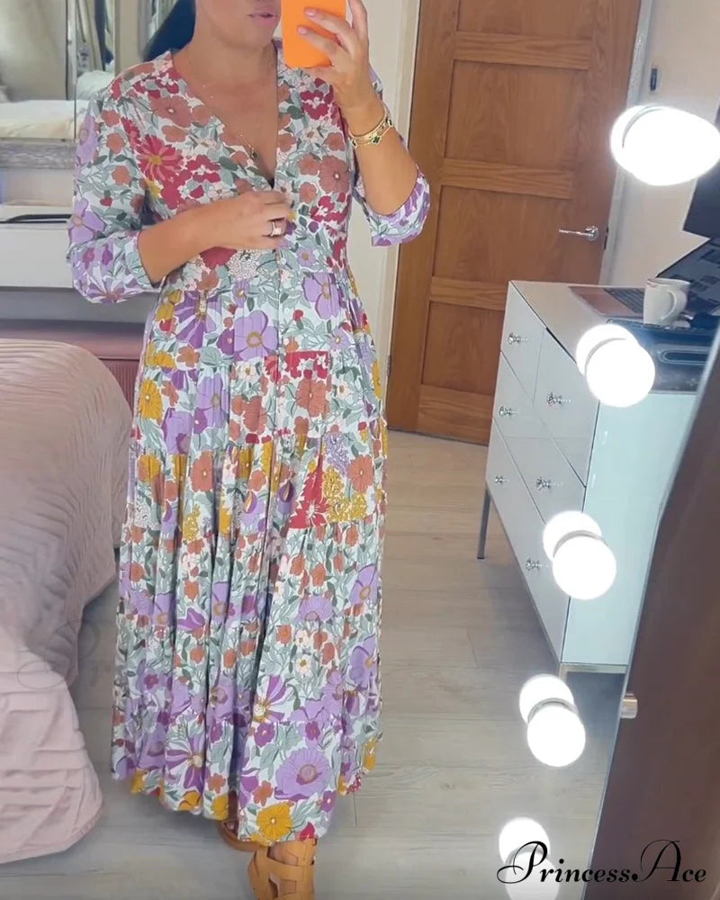 Printed V-Neck Dress In Pastoral Style Casual Dresses
