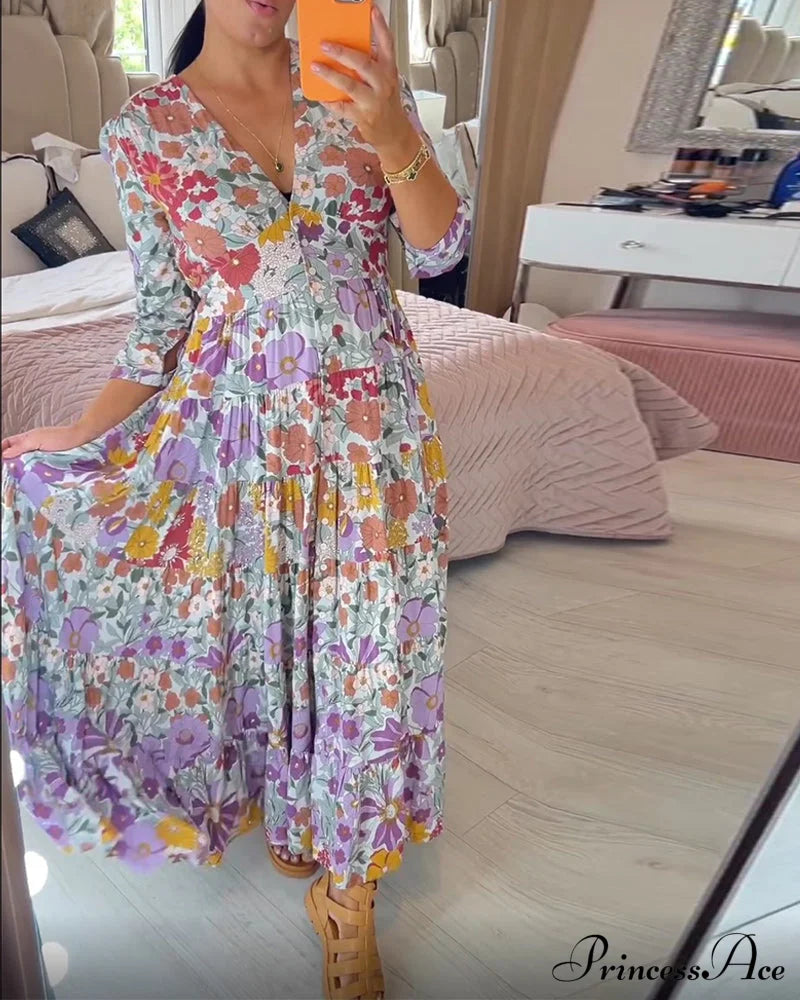 Pastoral style printed v-neck dress Multicolored 23BF Casual Dresses Clothes Dresses Spring Summer