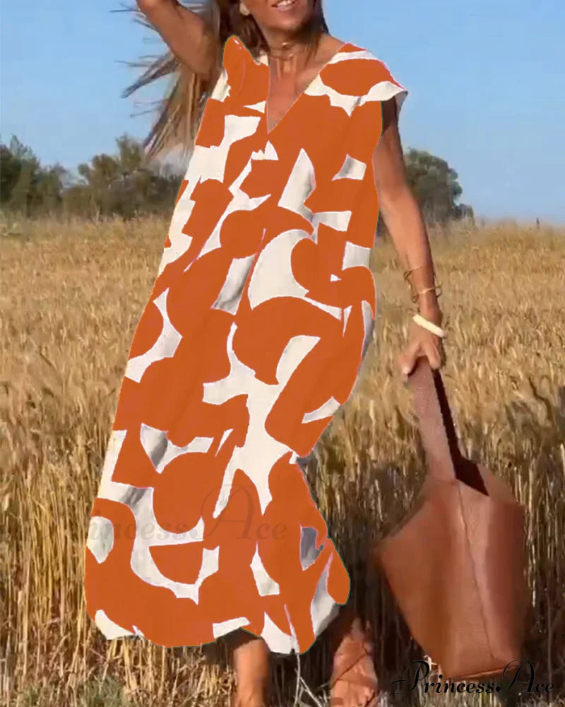 V-neck printed dress Orange 23BF Casual Dresses Clothes Dresses Spring Summer