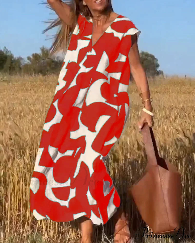 V-neck printed dress Red 23BF Casual Dresses Clothes Dresses Spring Summer