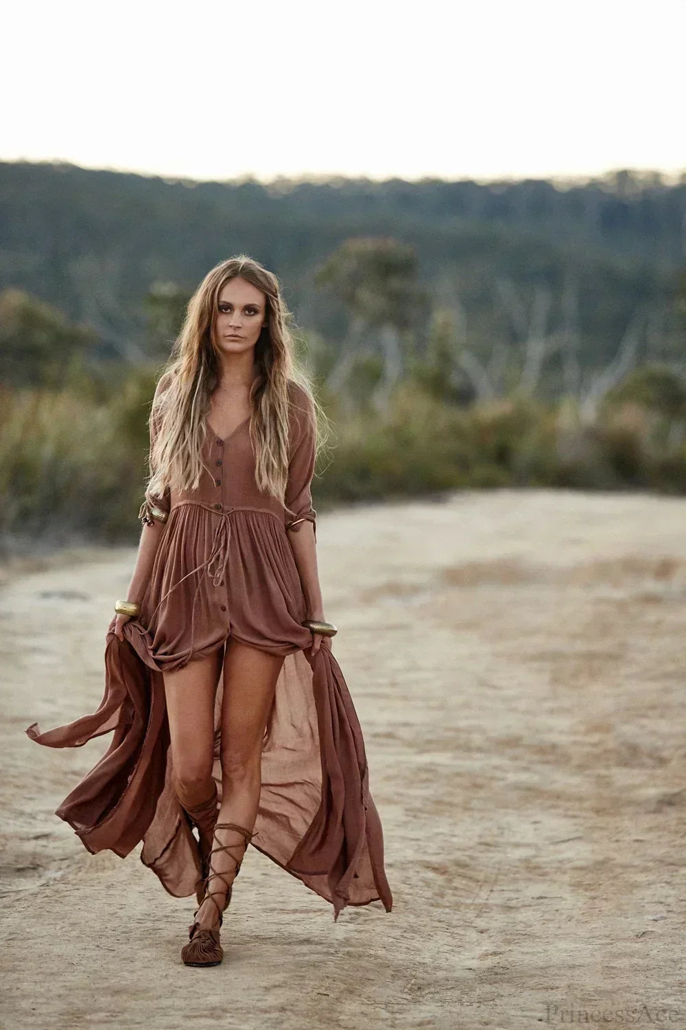 Printing Maxi Deep V Neck Stretch Boho Dress bohodress-250126