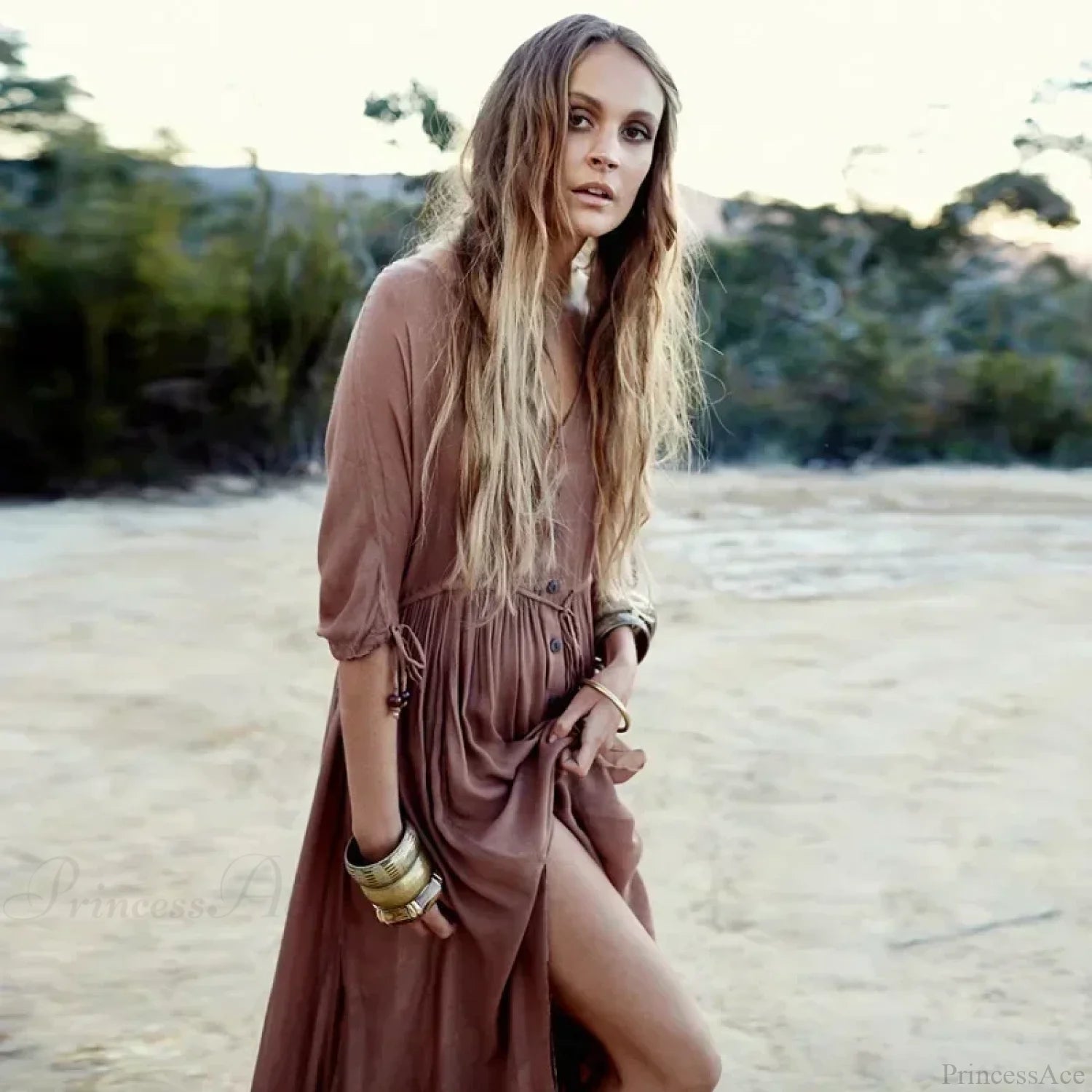 Printing Maxi Deep V Neck Stretch Boho Dress bohodress-250126