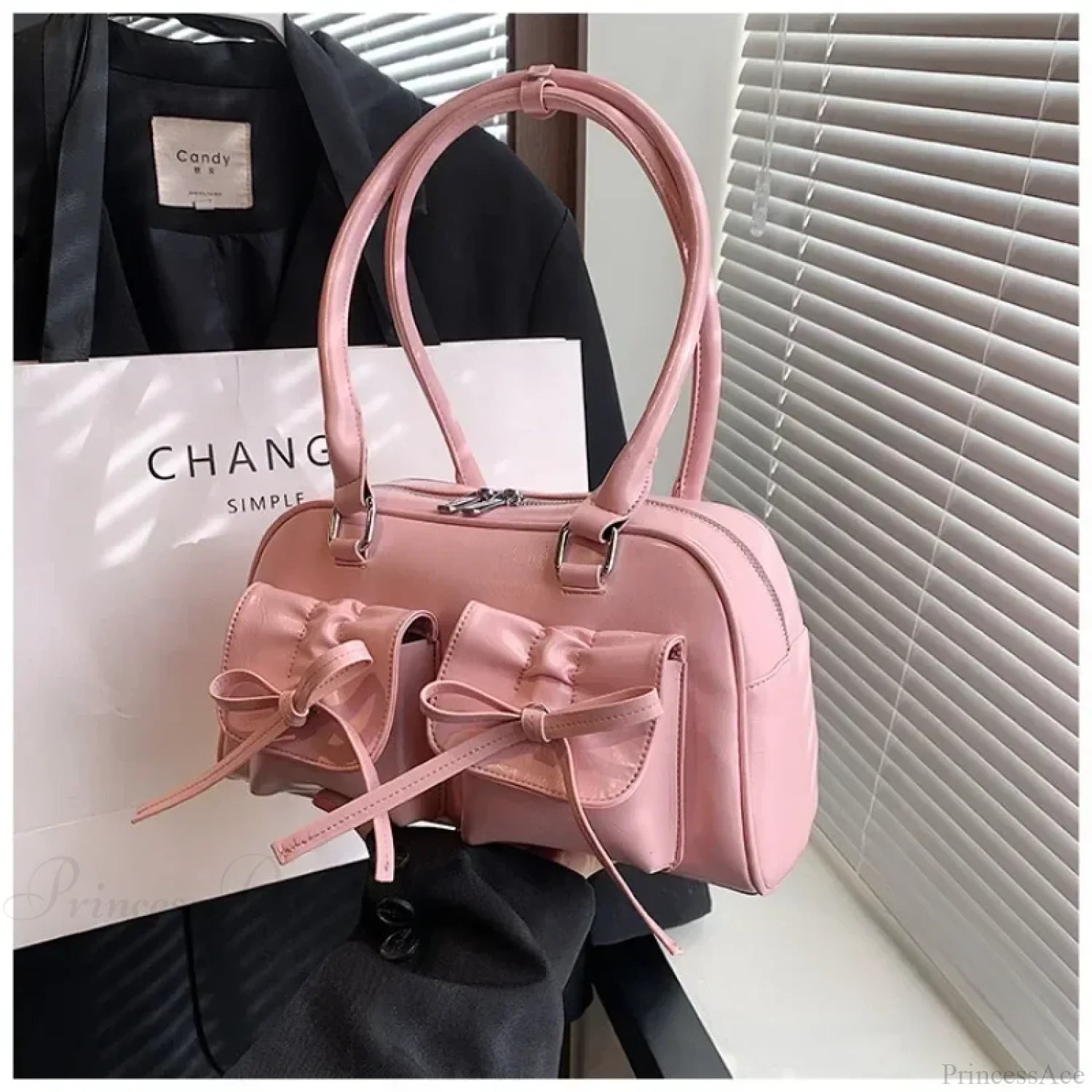 PU Leather Bow Shoulder Handbag Pink / 30x17x10cm shoulder-250126