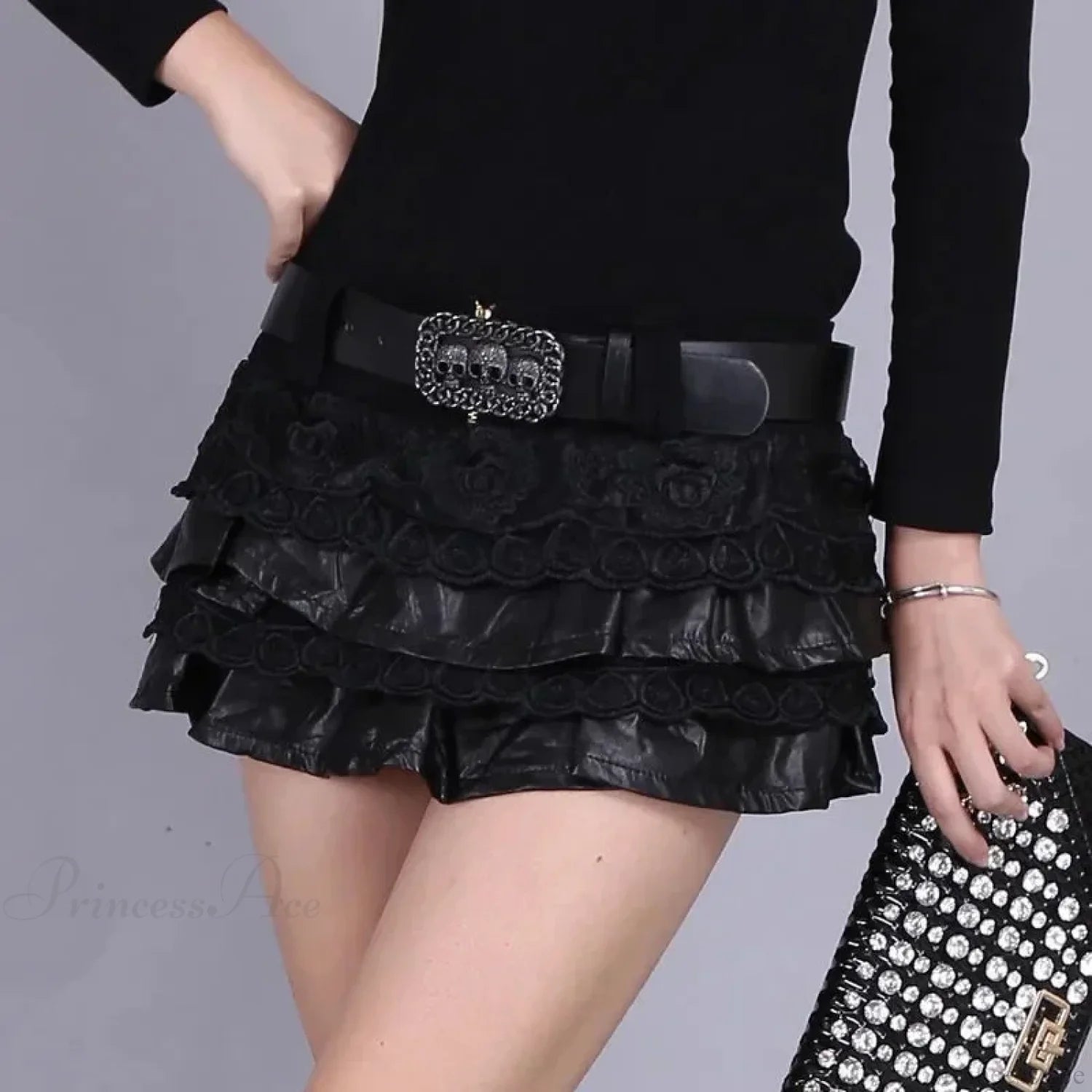 PU Leather Lace Patchwork Mini Skirt