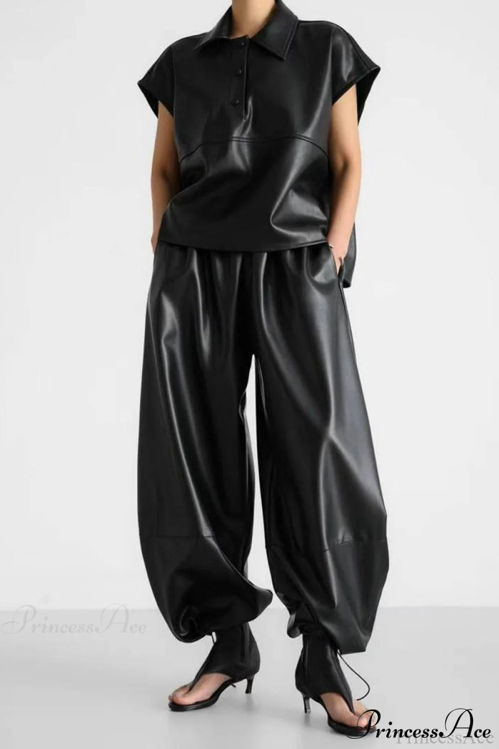 PU Leather Loose Harem Drawstring Pants Black / S