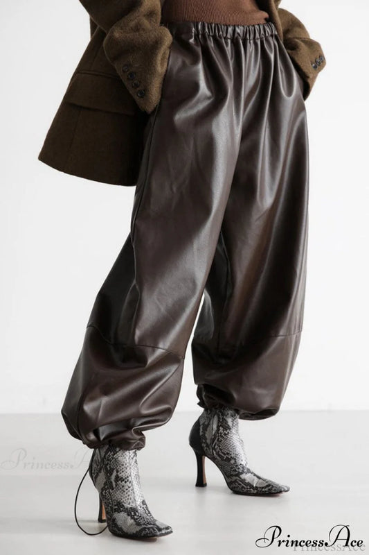 PU Leather Loose Harem Drawstring Pants Brown / S