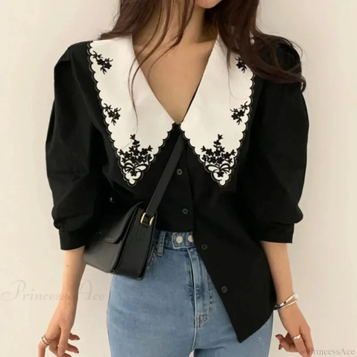Puff Long Sleeve Floral Embroidery Blouse blouse-250223