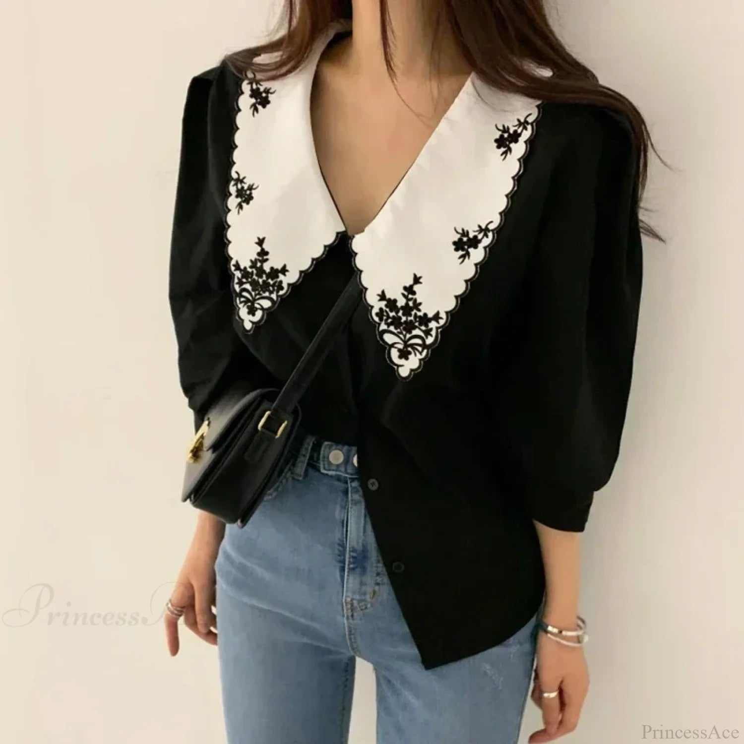 Puff Long Sleeve Floral Embroidery Blouse Black / S blouse-250223