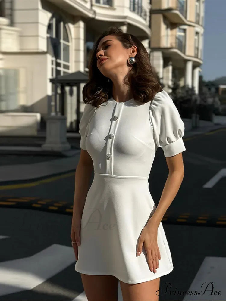 Puff Sleeve Collar Charming Ribbed Mini Dress Solid