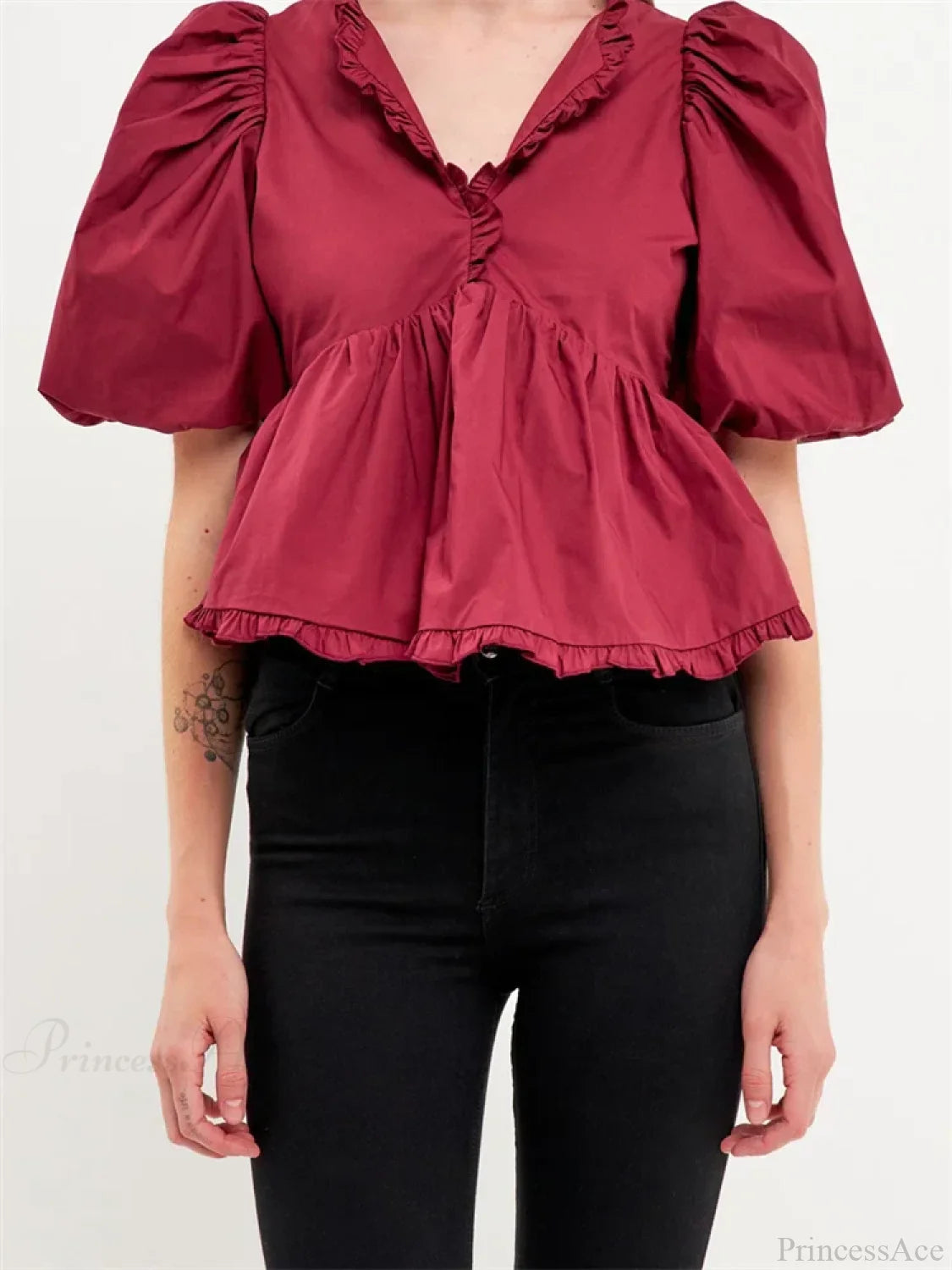 Puff Sleeve Ruffle Trim V-neck Blouse dark red / S blouse-250223