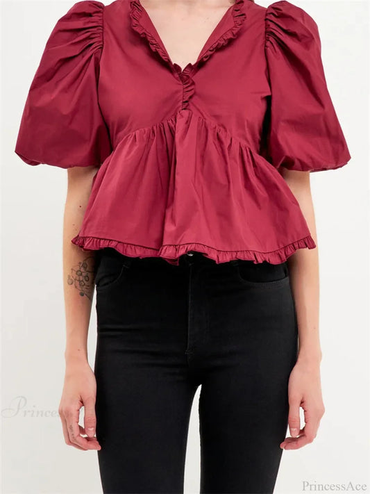 Puff Sleeve Ruffle Trim V-neck Blouse dark red / S blouse-250223