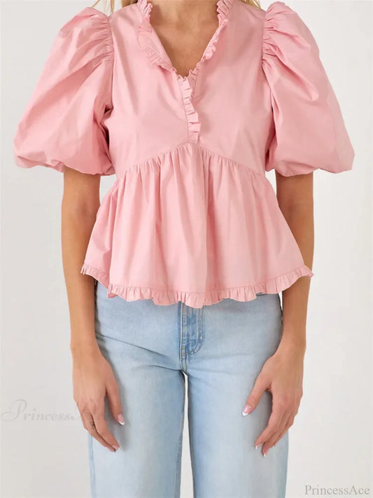 Puff Sleeve Ruffle Trim V-neck Blouse pink / S blouse-250223
