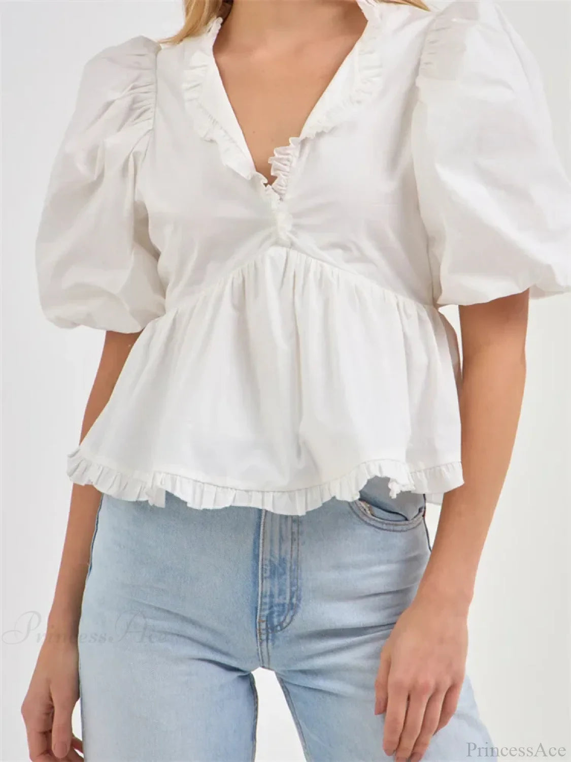 Puff Sleeve Ruffle Trim V-neck Blouse white / S blouse-250223