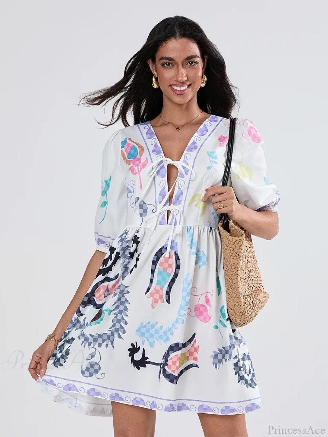 Puff Sleeve Tie-up A-Line Mini Floral Dress floraldress-250126