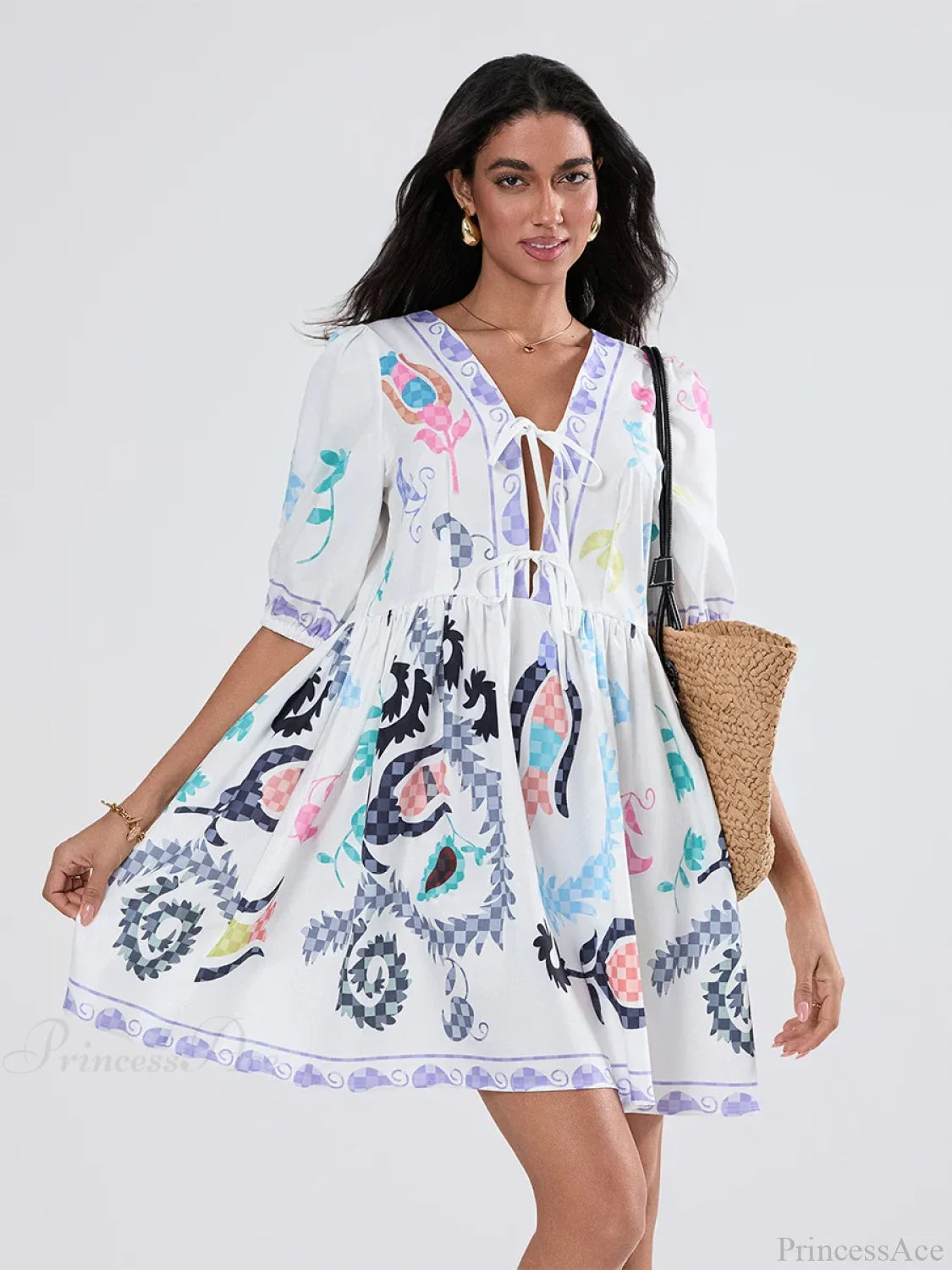 Puff Sleeve Tie-up A-Line Mini Floral Dress WHITE1 / S floraldress-250126