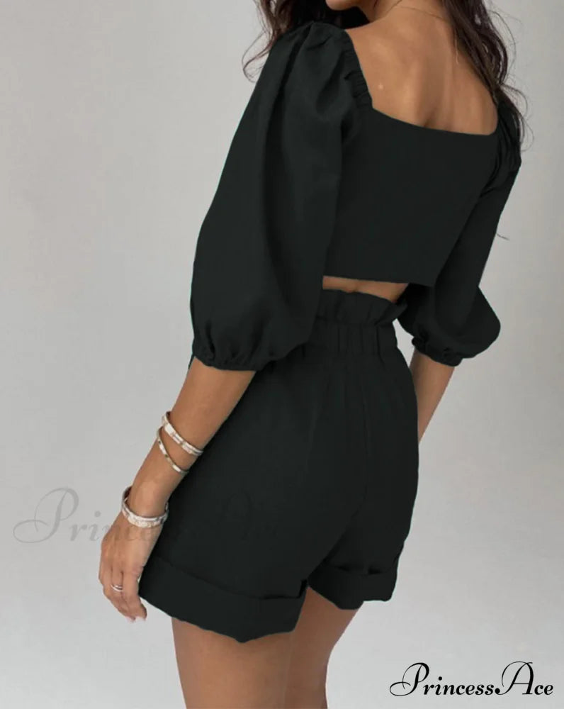 Puff Top Set And Arm With Shorts Cutout Women’s Clothing