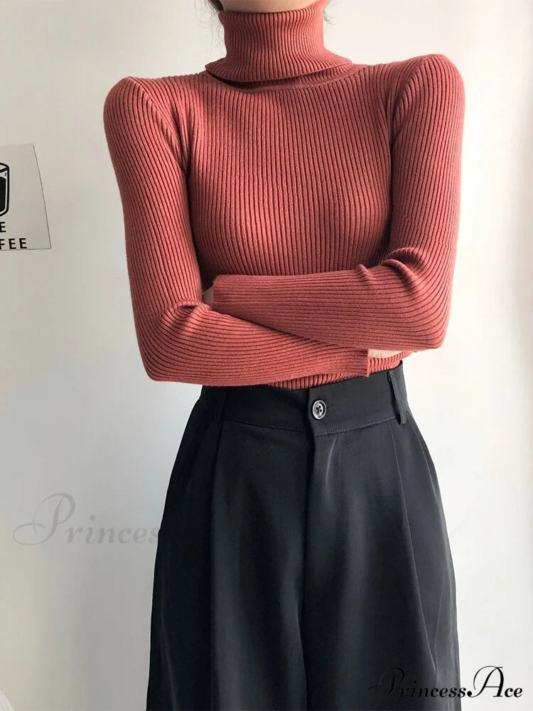 Pullover Turtleneck Solid Color Top Red / One Size